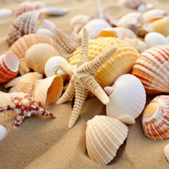 sea shells and starfish on sand