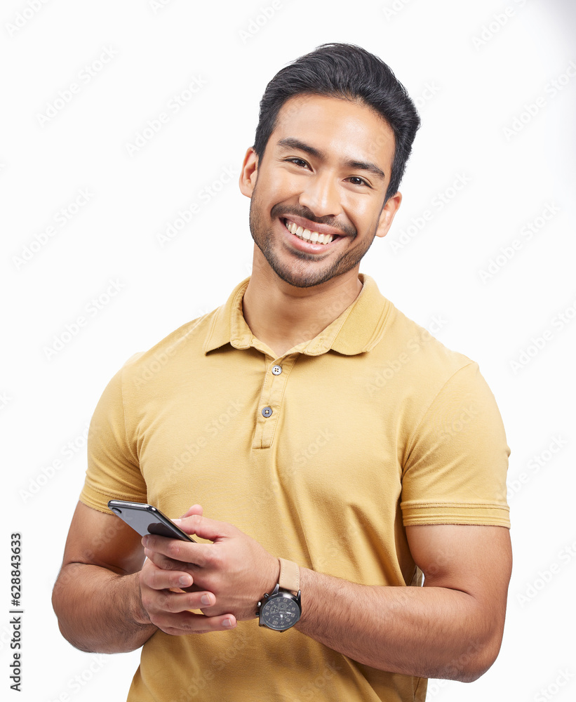 Poster portrait, smile and asian man with a smartphone, connection and social media against a white studio 