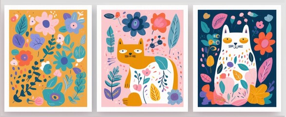 Cute posters and cards collection with cat. Decorative abstract illustrations with colorful doodles and shapes. Hand-drawn modern illustrations with cat, flowers, abstract, Generative AI