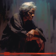 Black old woman in thinking and doubts oil painted illustration. Female character with dreamy face on abstract background. Ai generated acrylic canvas bright poster.