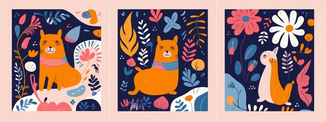 Cute posters and cards collection with cat. Decorative abstract illustrations with colorful doodles and shapes. Hand-drawn modern illustrations with cat, flowers, abstract, Generative AI