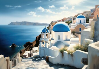 Traditional and famous houses and churches with blue domes over the Caldera, Aegean sea