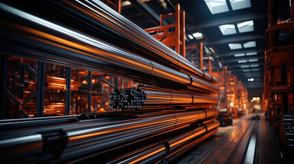 Fototapeta na wymiar Steel material in industrial warehouse. Generative Ai