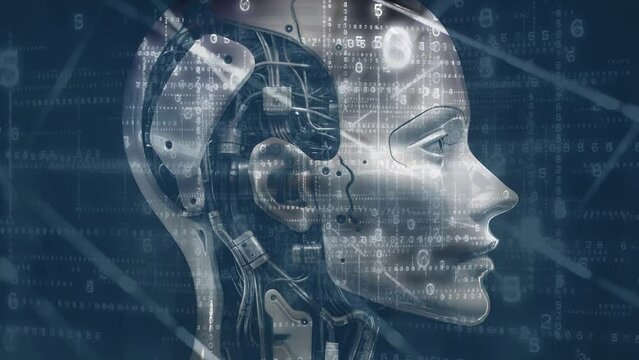 AI Mind. 
Female robot head filled with a 3d matrix of changing numbers. Loops. 