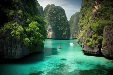 Koh Phi Phi Beach, Island Archipelago in Thailand, Crystal Waters and Longtail Boats - obrazy, fototapety, plakaty