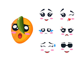 Mango with kawaii emotions. Flat design vector illustration of mango on white background. Mango design