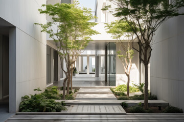 Fototapeta na wymiar Modern Minimalist Courtyard with Trees and Glass Entrance