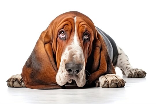 Big Brown Basset Hound Dog. Adopt a Loyal Companion on a White Background. Canine Breed with Close-up Camera Shot: Generative AI