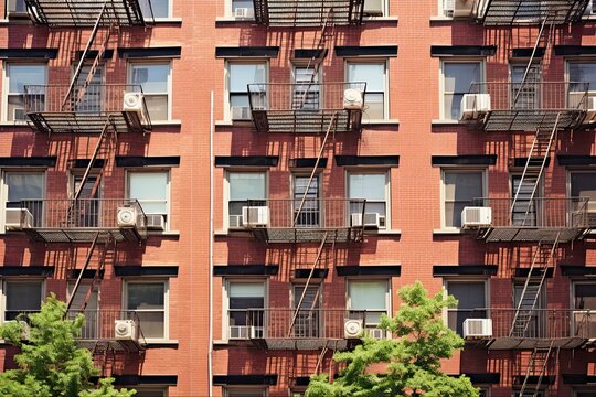Outdoor Window Air Conditioning Units on Brick NYC Apartment Building during Spring. Residential AC for Comfort in New York City: Generative AI