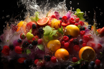 Fresh fruits with drops of juice and pulp exploding on black background, healthy eating concept