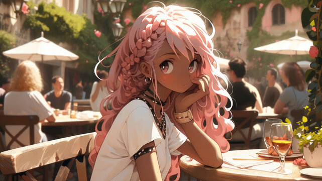 Beautiful young woman eating lunch outdoor in a city in the summer, anime art style - Generative AI