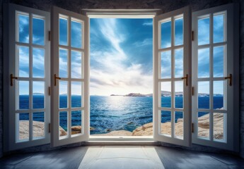View from an open window with blue shutters of the Aegean sea, caldera, coastline
