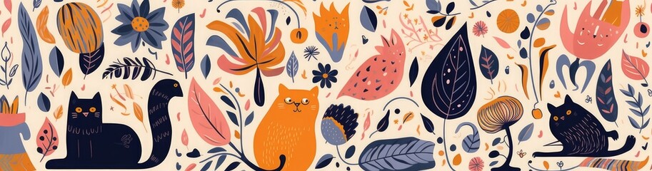 Doodles collection. Decorative abstract horizontal banner with colorful doodles. Hand-drawn modern illustration with cats, flowers, abstract elements, Generative AI