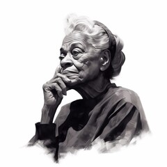 Black old woman in thinking and doubts photorealistic illustration. Female character with dreamy face on abstract background. Ai generated realistic black and white poster.
