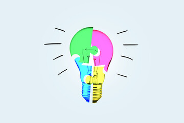 Creative colored light bulb puzzle, creative idea. Teamwork and success, concept. Creative process and project creation. Business and management. Start up design. Think differently