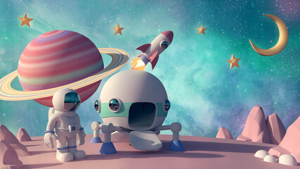 3d cartoon astronaut on planet space background
