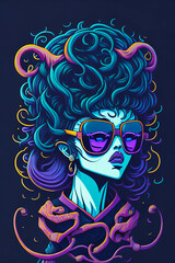 A detailed illustration of a Medusa wearing trendy sunglasses with dark gothic, leaf, and flower for a t-shirt design