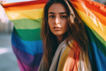 Young woman with rainbow flag - symbol of Lgbtq