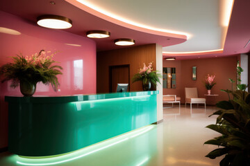 Modern interior of the hotel lobby in bright colors. Workplace, hotel concept