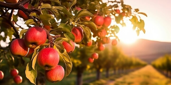 Fruit farm with apple trees. Branch with natural apples on blurred background of apple orchard in golden hour. Concept organic, local, season fruits and harvesting. Finest generative AI.