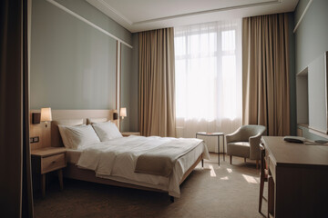 Fototapeta premium Interior of room with big comfortable bed. Modern minimalistic design