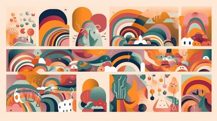 Decorative abstract horizontal banner with colorful doodles. Abstract shapes and rainbows. Hand-drawn modern illustrations. Pre-made abstract prints, Generative AI