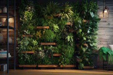 Fototapeta na wymiar Stylish home interior with background from leaves and plants. Plant wall with lush green colors