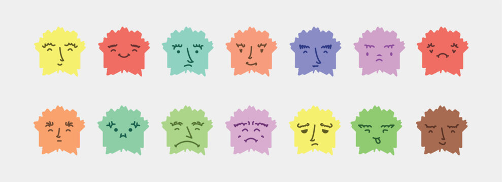 Abstract smile face icons. Cartoon round emoji avatars. Emoticon character set. Funny doodle isolated vector elements. Sad, angry, exhausted, shocked, confused faces.