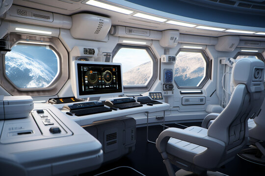 Design the interior of the International Space Station with sleek, white, and minimalistic surfaces, featuring state-of-the-art control panels, touchscreens, and ergonomic seating, Generative AI