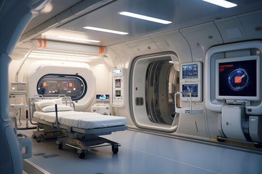Create a state-of-the-art medical bay with diagnostic equipment, telemedicine capabilities, and a surgical area, ensuring astronauts receive prompt and advanced healthcare during t Generative AI