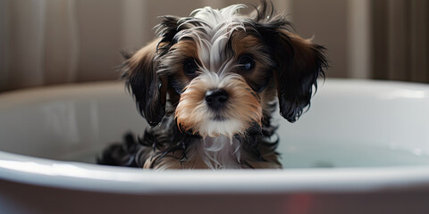 Cute and happy puppy dog sitting in a bathtub. Generative AI