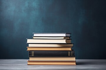 Stack of books and pencils on school table font of blackboard, Ai Generator.