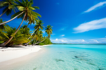 Fototapeta na wymiar beach with palm trees and blue water, tropical island, beautiful in the world wallpaper, landscape and background. AI generation