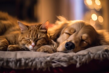 a cat and a dog sleeping on a bed, created by Generative AI