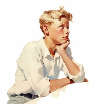 White boy in thinking and doubts pose soft colored retro illustration. Young male character with dreamy face on abstract background. Ai generated pastel vintage poster.