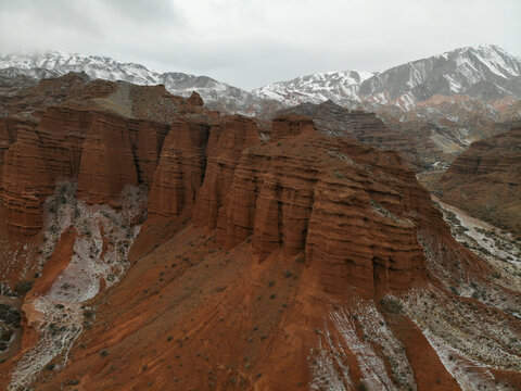 Konorchek Canyons Kyrgystan. Winter. Aerial drone view. Flying over. High quality photo