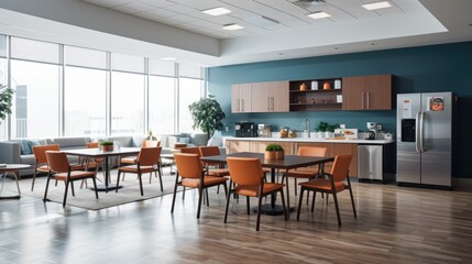 A bright, spacious break room in an office building with contemporary kitchen appliances and comfortable seating. Generative AI