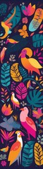 Fototapeta na wymiar colorful illustration with tropical flowers, leaves, monkey, flamingo and birds. Brazil tropical pattern. Rio de janeiro pattern, Generative AI