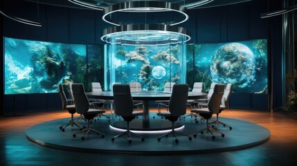 A stunning, high-tech meeting room with a round glass table and screens for video conferencing. Generative AI