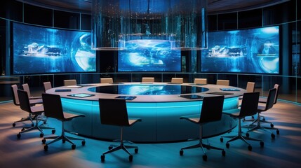 A stunning, high-tech meeting room with a round glass table and screens for video conferencing. Generative AI