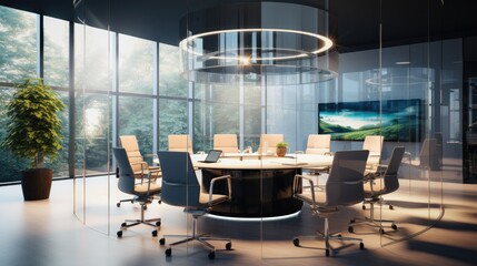 A stunning, high-tech meeting room with a round glass table and screens for video conferencing. Generative AI