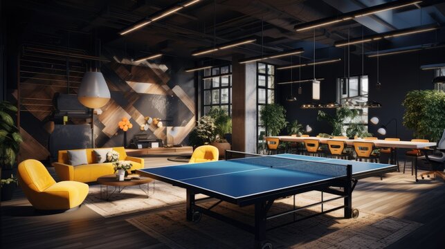 A tech startup workspace featuring a ping-pong table, bean bag chairs, and innovative design elements. Generative AI