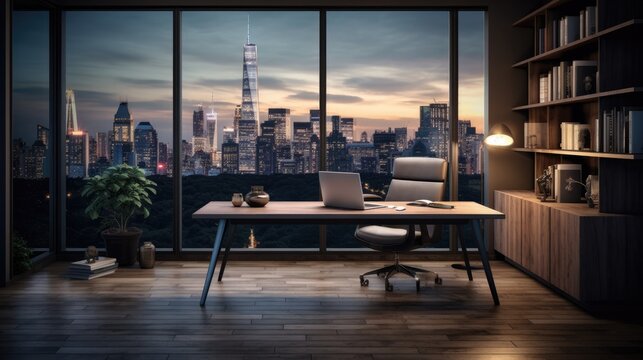 A small, private office setup with a wooden desk, leather chair and an extensive city view. Generative AI