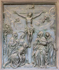  NAPLES, ITALY - APRIL 22, 2023:  The bronze relief of Crucifixion on the gate of church Basilica dell Incoronata Madre del Buon Consiglio from 20. cent. © Renáta Sedmáková