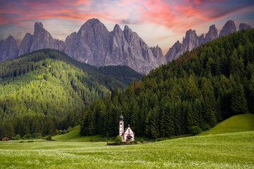Italy, Saint St Johann Church, summer, San Giovanni Church, Geisler Spitzen, Dolomites, Val di Funes, Trentino, Sunset