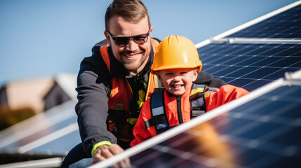 professional worker and son on rooftop with solar panels. renewable and sustainable energy