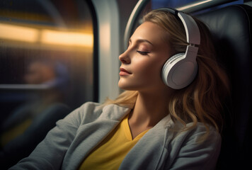 Young woman with headphones relaxing during a train trip. Generative AI.