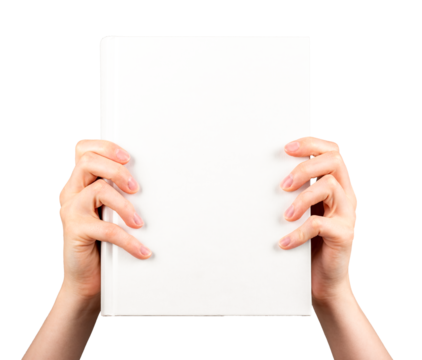 Book cover mockup in hand. Holding hardcover mock up isolated on white background