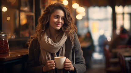 a woman enjoying a cup of coffee in a cozy cafe