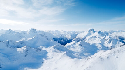 Fototapeta na wymiar Drone view, mountain range in winter, snow-capped mountains, ridge. AI generation